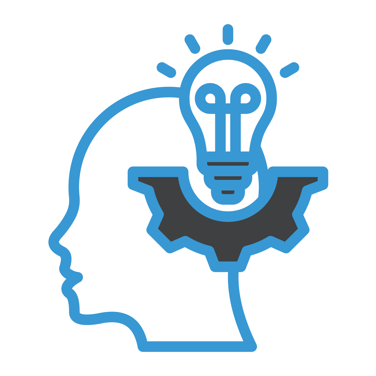 icône représentant une personne en train de réfléchir, son cerveau étant à moitié une ampoule et un écrou. Cela représente l'innovation et la qualification.